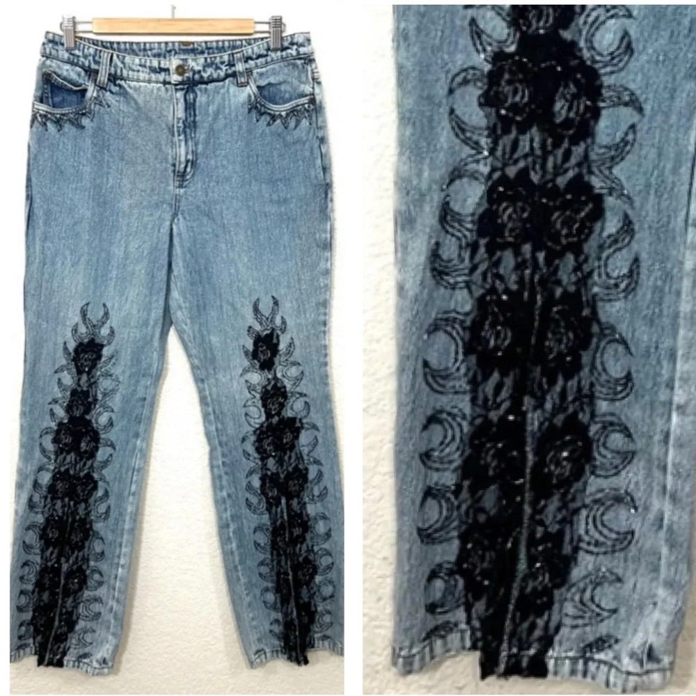 Vintage Y2K Jeanology Jeans Flare Black Lace Size 12